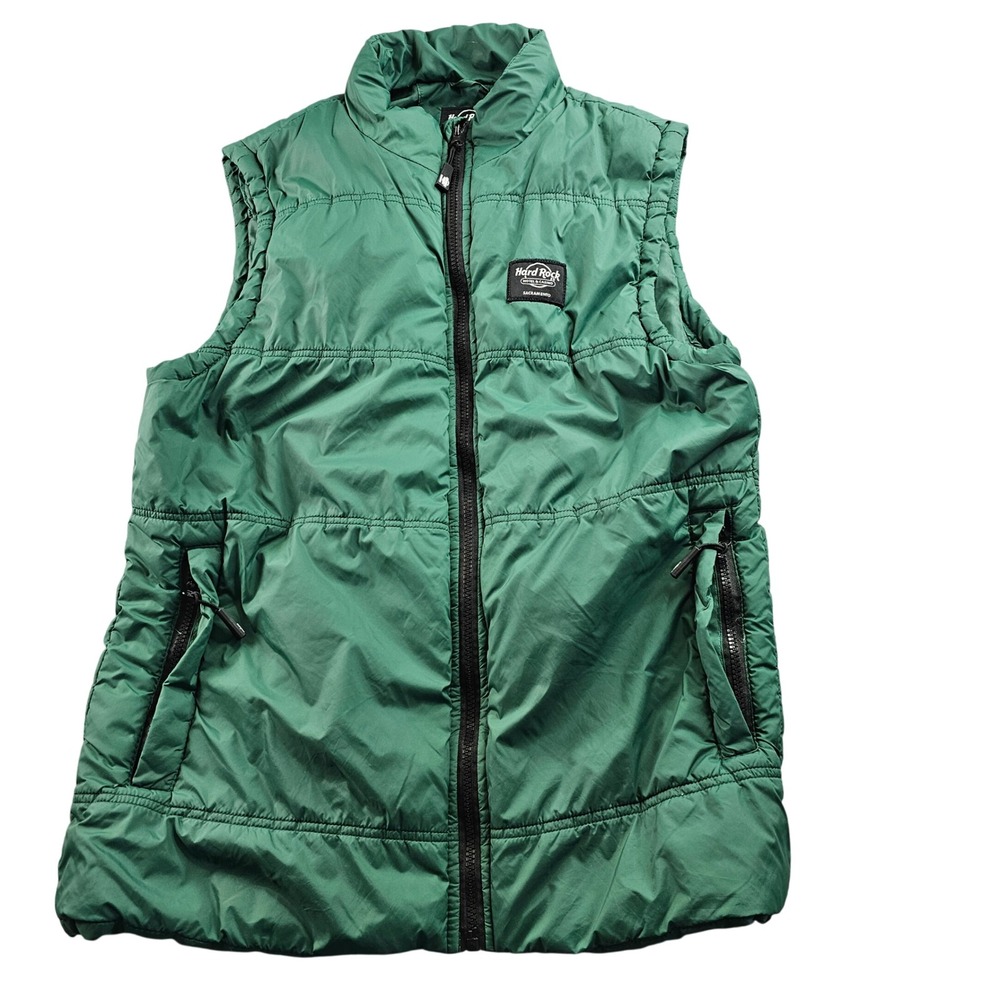 Hard Rock Hotel & Casino Puffer Vest‎ Men's L Green Sacramento Sleeveless Zip-Up